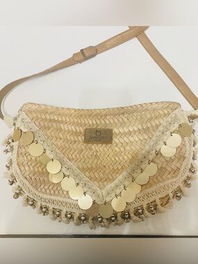 Simo Sastre Boho Woven Straw Crossbody Bag Tassel Gold Coin Fringe Beach